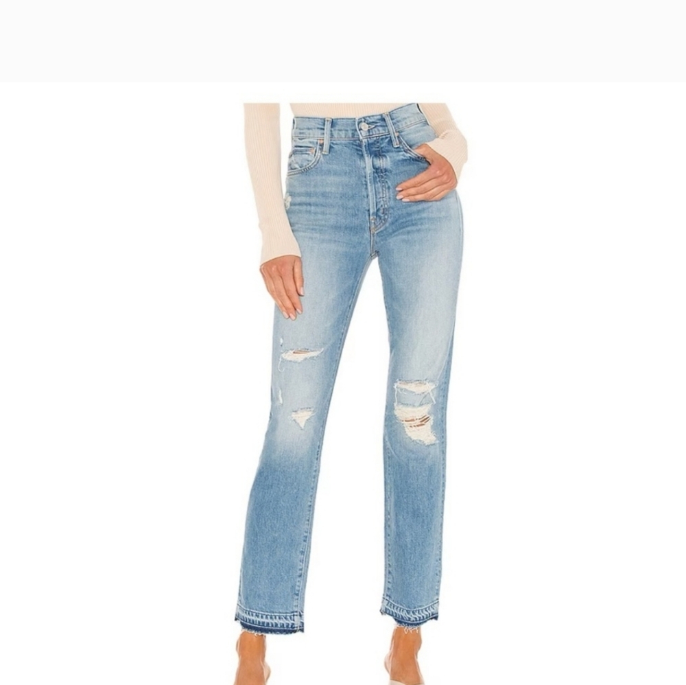 Mother Jeans High Waisted Hiker Hover Undone Hem on my knees